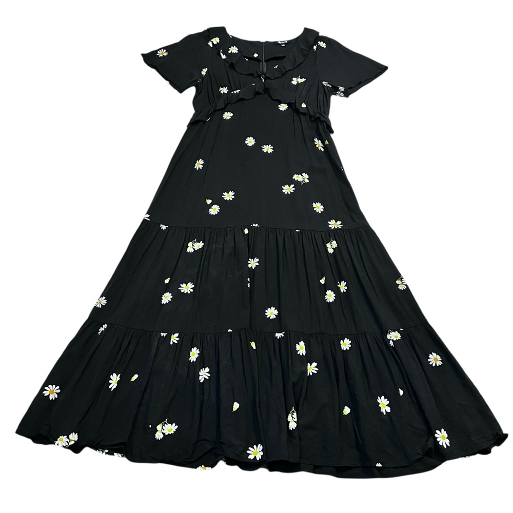 Madewell Daisy‎ Floral Maxi Dress Tiered Ruffle Raw Edge Black Size 4